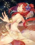  1girl ass back blurry blush bracelet depth_of_field flower gunni hair_flower hair_ornament jewelry long_hair looking_back magi_the_labyrinth_of_magic morgiana open_mouth red_eyes redhead side_ponytail smile solo 