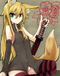  1girl animal_ears fox_ears fox_tail green_eyes haik highres kokonoe_tsubaki long_hair original solo striped striped_legwear tail 