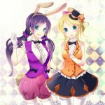  2girls adapted_costume alternate_costume animal_ears ayase_eli black_hair blonde_hair blue_eyes bow gloves green_eyes hair_bow hat long_hair love_live! love_live!_school_idol_project matsuda_(louol) multiple_girls rabbit_ears skirt smile tail toujou_nozomi twintails 