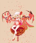  1girl alternate_costume bare_legs bare_shoulders blonde_hair bridal_gauntlets female flandre_scarlet hat hat_ribbon heart high_heels navel new_year red_eyes ribbon shoes short_hair side_ponytail smile solo touhou wings zimajiang 