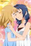 2girls :o absurdres arm_grab bangs bare_shoulders blue_dress blush braid breasts choker closed_eyes dress flower from_side furutani_himawari gradient gradient_background hair_intakes hair_over_shoulder hairband hand_on_another&#039;s_shoulder highres incipient_kiss itou_tsubasa_(artist) lace lace-trimmed_dress light_brown_hair light_particles looking_at_another megami multiple_girls official_art oomuro_sakurako open_mouth orange_eyes profile ribbon ribbon_choker scan scrunchie short_hair short_sleeves small_breasts sparkle sunflower surprised twin_braids upper_body wavy_hair white_dress yuri yuru_yuri 