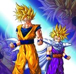  2boys blonde_hair blue_eyes cape dragon_ball dragon_ball_z dragonball_z father_and_son highres kbono54 looking_at_viewer male_focus multiple_boys muscle smile son_gohan son_gokuu spiky_hair super_saiyan wrist_cuffs 