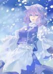  1girl blue_eyes female hat letty_whiterock open_mouth purple_hair short_hair snowing solo tomobe_kinuko touhou 