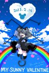 1girl animal_ears bloomers blue_sky closed_eyes clouds dated dowsing_rod english female grey_hair happy heart iris_anemone jumping mouse_ears mouse_tail nazrin open_mouth rainbow short_hair sky smile solo tail touhou underwear valentine 