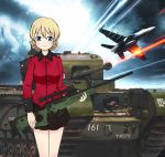  1girl ai_arctic_warfare aircraft airplane bangs battlefield_(series) battlefield_3 black_skirt blonde_hair blue_eyes bolt_action braid caterpillar_tracks churchill_(tank) darjeeling f-18 girls_und_panzer ground_vehicle gun holding holding_weapon jacket jet l96 long_sleeves looking_at_viewer military military_uniform military_vehicle miniskirt motor_vehicle pleated_skirt red_jacket rifle scope short_hair skirt smile sniper_rifle solo standing tank tied_hair twin_braids uniform vehicle weapon yukihalbert 