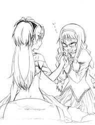  2girls akemi_homura bandage blush braid comic danaka long_hair mahou_shoujo_madoka_magica monochrome multiple_girls sakura_kyouko tears translation_request 