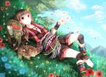  1girl animal ankle_wraps anklet barefoot basket brown_hair butterfly deer dress feet flower food fruit gloves grass jewelry leg_warmers long_hair low_twintails lying nature nekozuki_yuki on_back original petals red_eyes sash shorts smile solo traditional_clothes twintails wrist_wraps 