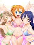  3girls :d \m/ blue_bra blue_hair blue_panties blush bow bra breasts brown_eyes brown_hair cleavage green_bra green_panties hair_bow happy kousaka_honoka lingerie looking_at_viewer love_live!_school_idol_project minami_kotori multiple_girls navel open_mouth outstretched_arms outstretched_hand panties pink_bra pink_panties smile sonoda_umi thigh_gap ueyama_michirou underwear underwear_only 