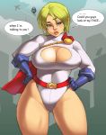  1girl blonde_hair blue_eyes breasts cleavage cleavage_cutout dc_comics english gluteal_fold hands_on_hips hips huge_breasts kryptonian large_breasts leotard lips maou_alba pout power_girl red_cape short_hair solo speech_bubble 