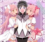  3girls :d akemi_homura arm_hug ayukko_(forest_village) black_hair black_legwear blush bow bubble_skirt capelet chocolate chocolate_heart choker dress dual_persona girl_sandwich gloves goddess_madoka hair_bow hairband happy heart highres kaname_madoka long_hair long_sleeves magical_girl mahou_shoujo_madoka_magica mouth_hold multiple_girls open_mouth pantyhose petticoat pink_dress pink_eyes pink_hair pink_skirt puffy_sleeves ribbon_choker sandwiched shirt short_sleeves skirt smile soul_gem thigh_gap twintails two_side_up valentine very_long_hair violet_eyes white_dress white_gloves yellow_eyes yuri 