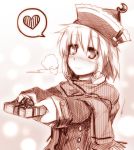  1girl blush box female gift gift_box hat heart jacket kazetto lunasa_prismriver monochrome outstretched_arms scarf short_hair smile solo spoken_heart touhou valentine winter_clothes 