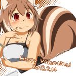  1girl :3 animal_ears apron arc_system_works blazblue blazblue:_continuum_shift brown_hair chocolate happy_valentine highres makoto_nanaya mirano naked_apron red_eyes solo squirrel_ears squirrel_tail tail tongue tongue_out valentine 