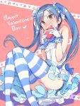  1girl alternate_hairstyle bare_shoulders blue_hair blush box brown_eyes covering_mouth dress english frills gift gift_box gloves happy_valentine heart idolmaster kisaragi_chihaya long_hair looking_at_viewer panties petticoat redrop ribbon solo striped striped_legwear thigh-highs twintails underwear valentine 