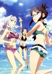  3girls ;d absurdres akizuki_ritsuko bikini bracelet breasts cleavage clouds folded_ponytail frilled_bikini frills glasses highres idolmaster jewelry miura_azusa multiple_girls navel ocean official_art one_eye_closed open_mouth polka_dot polka_dot_bikini polka_dot_swimsuit scan shijou_takane sky smile swimsuit tanaka_yuusuke wink 