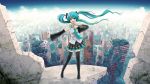  1girl aqua_eyes aqua_hair cityscape detached_sleeves floating_hair full_body hand_on_own_chest hatsune_miku inumoto long_hair necktie open_mouth outstretched_arm ruins skirt smile solo standing thigh-highs twintails very_long_hair vocaloid zettai_ryouiki 