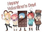  5girls akemi_homura black_hair blonde_hair blue_hair blush bow candy chocolate chocolate_bar costume covering_face dddoochi1 denim denim_shorts drill_hair embarrassed faceless faceless_female hair_bow hair_ornament hair_ribbon hairband hairclip happy_valentine heart hood hoodie kaname_madoka long_hair mahou_shoujo_madoka_magica miki_sayaka mirror multiple_girls no_eyes pantyhose pink_hair ponytail redhead ribbon sakura_kyouko school_uniform short_twintails shorts tomoe_mami twin_drills twintails valentine 