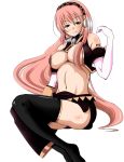  armlet asymmetrical_clothes black_legwear blush breasts detached_sleeves headset large_breasts long_hair megurine_luka midriff navel pink_hair side_slit simple_background sitting skirt solo t-key thigh-highs thighhighs under_boob underboob very_long_hair vocaloid 