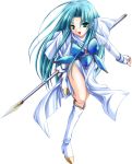  1girl aqua_hair armor armored_dress boots gloves green_eyes highres long_hair open_mouth polearm solo spear teal_hair transparent_background weapon 