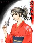  barbed_wire eyepatch gun highres japanese_clothes kimono nail_polish ponytail stray_bullets weapon 