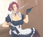  breasts gloves gun handgun highres kiseru maid pantyhose pipe pistol smoking weapon 