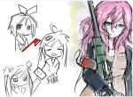  axe bad_id blood gun hiiragi_kagami hiiragi_tsukasa izumi_konata long_hair lucky_star monochrome partially_colored pink_hair rifle sketch sne sniper_rifle takara_miyuki weapon 