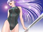  bar competition_swimsuit ikuta_kaoru long_hair one-piece_swimsuit pole purple_eyes purple_hair swimsuit violet_eyes 