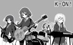  akiyama_mio bad_id band bangs bass_guitar blunt_bangs drum drum_set drums guitar hime_cut hirasawa_yui instrument k-on! keyboard keyboard_(instrument) kotobuki_tsumugi les_paul monochrome multiple_girls pantyhose school_uniform synthesizer tainaka_ritsu yukko_don 