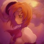  hairu hat higurashi_no_naku_koro_ni lowres orange_hair ribbon ryuuguu_rena sunset 