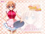  blue_eyes blush bracelet bun_cover carrot chinadress double_bun food_themed_clothes frills hand_on_hip jewelry kugahara_mimori orange_hair pia_carrot pia_carrot_(series) pia_carrot_e_youkoso!!_g.o. short_hair smile solo tray waist_apron waitress wallpaper zoom_layer 