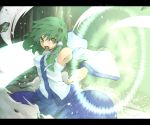  angry armpits bare_shoulders battle battle_stance detached_sleeves energy_sword fighting_stance glow glowing green_eyes green_hair hair_ornament hairpin kochiya_sanae leaf leaves letterboxed long_hair magic magic_circle morino_hon open_mouth pentagram solo sword touhou weapon 