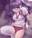  breasts buruma clannad fujibayashi_kyou gym_uniform long_hair on_back purple_eyes purple_hair thigh-highs thighhighs violet_eyes white_thighhighs zen 