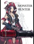  blue_eyes breasts cannon cleavage coat earrings gloves gunbelt hat jewelry kimuchi monster_hunter necklace pirate pirate_j skull_and_crossbones tattoo 