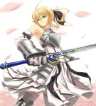  armor armored_dress armpits athrun1120 bad_id bare_shoulders blonde_hair caliburn cherry_blossoms detached_sleeves dress fate/stay_night fate/unlimited_codes fate_(series) gauntlets green_eyes hair_ribbon ponytail ribbon saber saber_lily short_hair solo sword type-moon weapon 