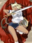  blonde_hair blue_eyes buruma cat_ears final_fantasy final_fantasy_xi gym_uniform highres mithra schelz shield solo sword tail weapon 