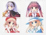  1600x1200 agnes_boulange blonde_hair blue_eyes blush carina_verritti chelsea_arcot earrings feathers gloves hat highres jewelry ko~cha lavender_hair long_hair looking_back minette multiple_girls orange_eyes pink_eyes pink_hair purple_eyes short_hair short_twintails shukufuku_no_campanella smile sword twintails wallpaper weapon witch_hat 