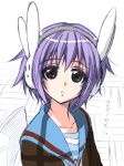  headphones mikagami_sou nagato_yuki purple_hair rabbit_headphones school_uniform short_hair suzumiya_haruhi-chan_no_yuuutsu suzumiya_haruhi_no_yuuutsu 