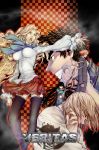  black_legwear blonde_hair breasts brown_hair checkered checkered_background grin highres impossible_clothes impossible_shirt large_breasts lightning long_hair magic manhwa open_mouth orange_eyes orange_hair outstretched_arm outstretched_hand reaching scarf school_uniform shirt skirt smile thighhighs vera_linus veritas zettai_ryouiki 