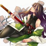  ban bangs blue_eyes blunt_bangs breasts brown_hair hime_cut long_hair lying original samurai_(7th_dragon) sword weapon 