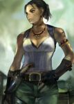  belt black_hair bracelet breasts dark_skin earrings fingerless_gloves gloves headset jewelry knife lowres necklace ponytail rarara resident_evil resident_evil_5 sheva_alomar tank_top tattoo 