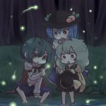  :o antennae bad_id blue_hair chibi firefly food forest fruit green_eyes green_hair hat hat_removed headwear_removed hinanawi_tenshi komeiji_koishi konbu_ame multiple_girls nature open_mouth peach red_eyes river short_hair smile touhou wriggle_nightbug 