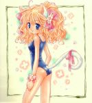  ass blonde_hair blue_eyes cat_ears cat_tail flower long_hair looking_back marker_(medium) millipen_(medium) minami_kawa one-piece_swimsuit original ribbon school_swimsuit swimsuit tail traditional_media 