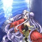  blue_eyes culdcept dress endaness kimuchi long_hair sharp_teeth silver_hair smile teeth tentacles water 