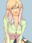  alva blazer blonde_hair breasts cleavage glasses green_eyes large_breasts pointy_ears thigh-highs thighhighs 