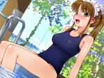  brown_hair dutch_angle feet_in_water game_cg green_eyes happy kiriyama_taichi long_hair maid maid_headdress maid_in_heaven nagisa one-piece_swimsuit ponytail pool poolside school_swimsuit sitting soaking_feet solo swimsuit water window 