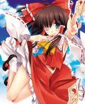  black_hair blue_eyes bow detached_sleeves foreshortening hair_bow hakurei_reimu hands holding japanese_clothes jumping long_hair midair midriff miko miyasu_risa mouth_hold ofuda ribbon touhou wink 