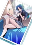  blue_hair cellphone cup eating food kawashima_ami legs long_hair oobayashi_mori phone photo_(object) picture pillow pocky skirt toradora! 
