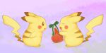  blush couple food fruit gift happy holding holding_gift ketchup nintendo no_humans pikachu pokemon purple_background sexual_dimorphism smile tail tsuji 