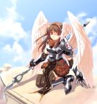 armor boots brown_hair gloves head_wings headwings hirano_katsuyuki polearm red_eyes sky spear thigh-highs thighhighs weapon wings 