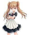  alternate_hairstyle brown_eyes brown_hair crossed_arms dress frills frown hair_ribbon long_hair maid mzd421 ribbon simple_background standing toradora! twintails 