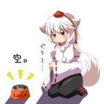  bowl detached_sleeves hat hungry inubashiri_momiji kneeling mikan_imo pet_bowl red_eyes sitting tail tears tokin_hat touhou translated white_hair wolf_ears wolf_tail 